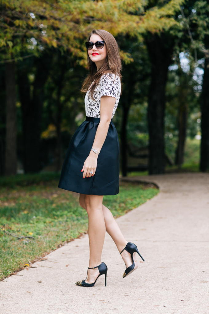 Amy Havins of Dallas Wardrobe wears a black and white shoshanna party dress.