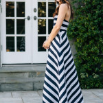 Amy Havins wears a blue and white stiriped shoshanna midnight evening dress.