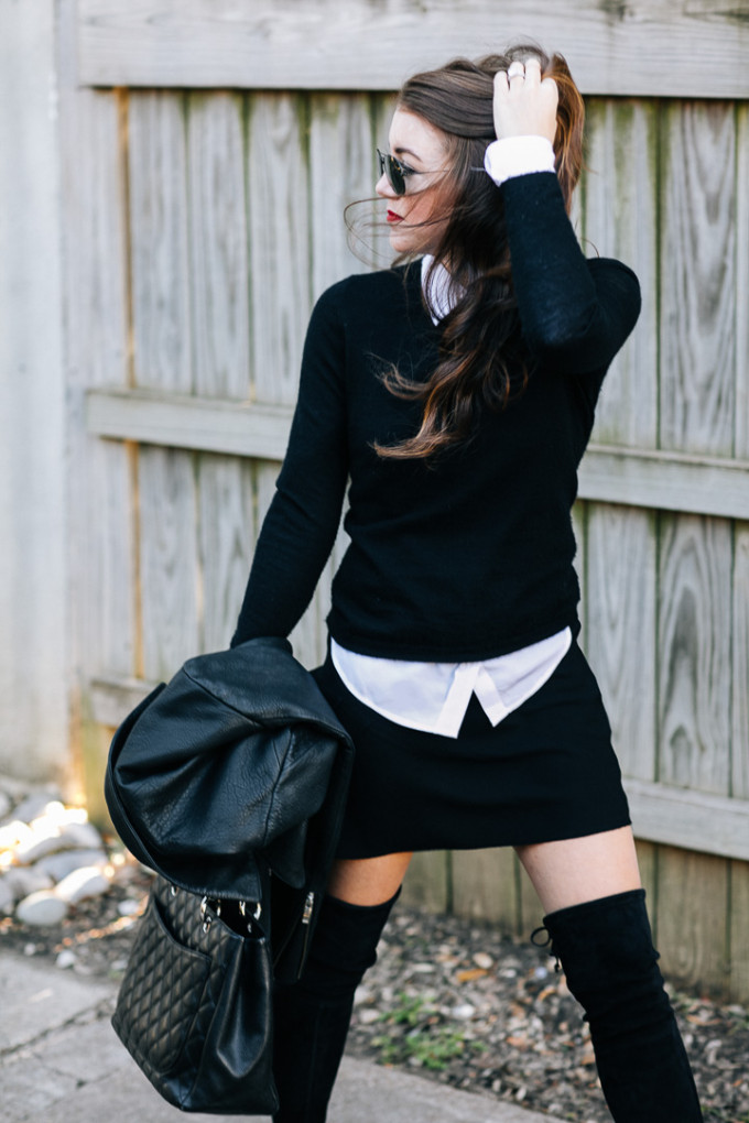 Amy Havins wears all black paired with stuart weitzman over the knee highland boots.