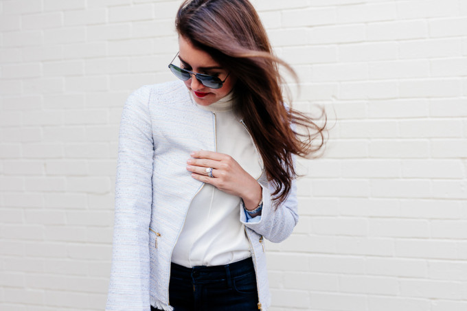Amy Havins of Dallas Wardrobe wears a tweed Jacket designed by Bows & Sequins.