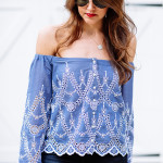 Dallas blogger Amy Havins wears a blue off the shoulder blouse by Kendall & Kylie Jenner.