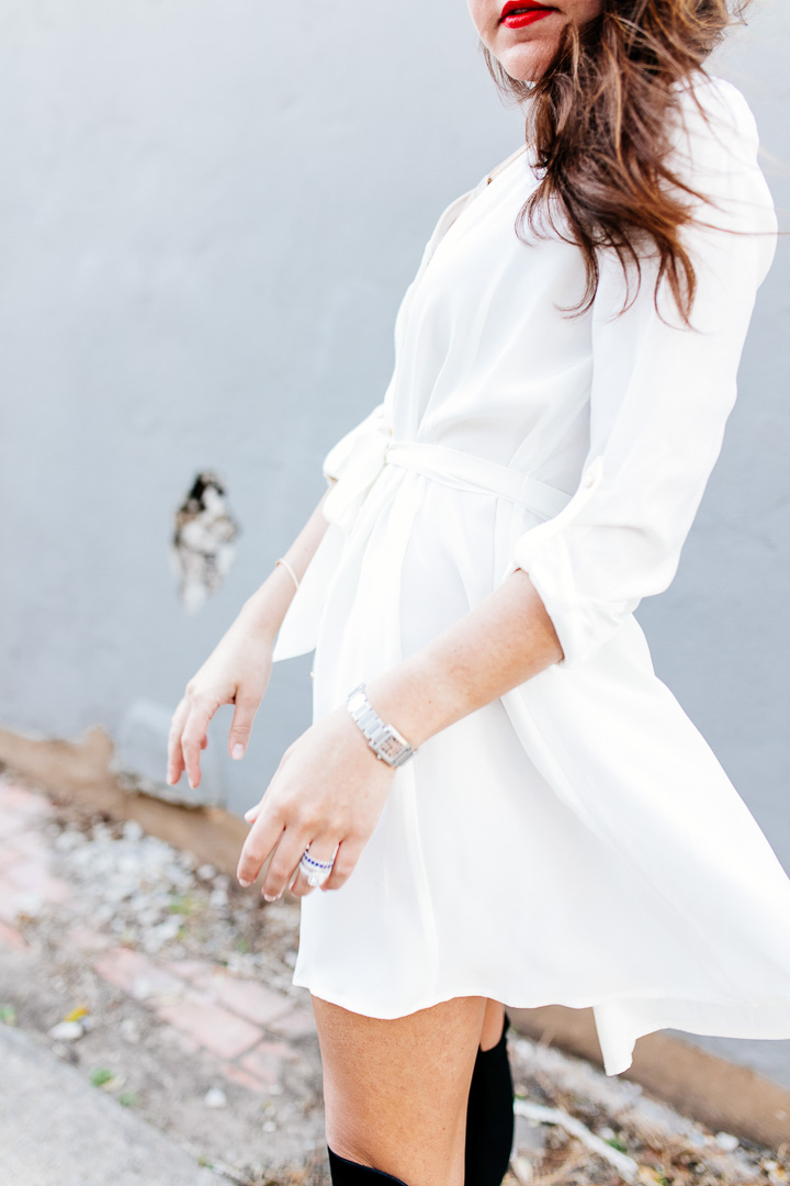 Dallas blogger Amy Havins wears a white Amanda Uprichard shirtdress.
