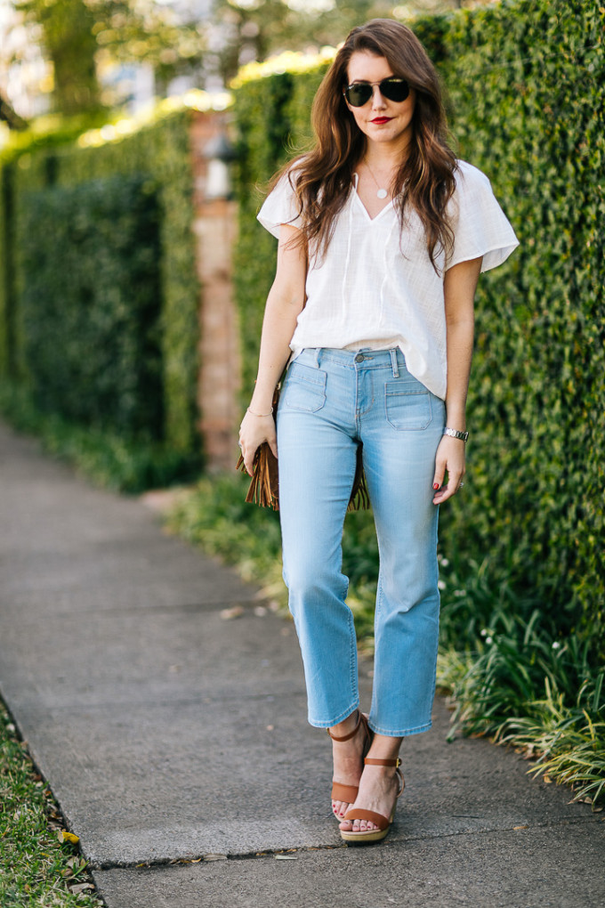 Dallas Blogger, Amy Havins shares how to style cropped flare denim from Old Navy two different ways.