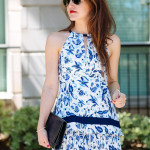 Dallas Blogger, Amy Havins, wears a blue and white Shoshanna Floral print dress.