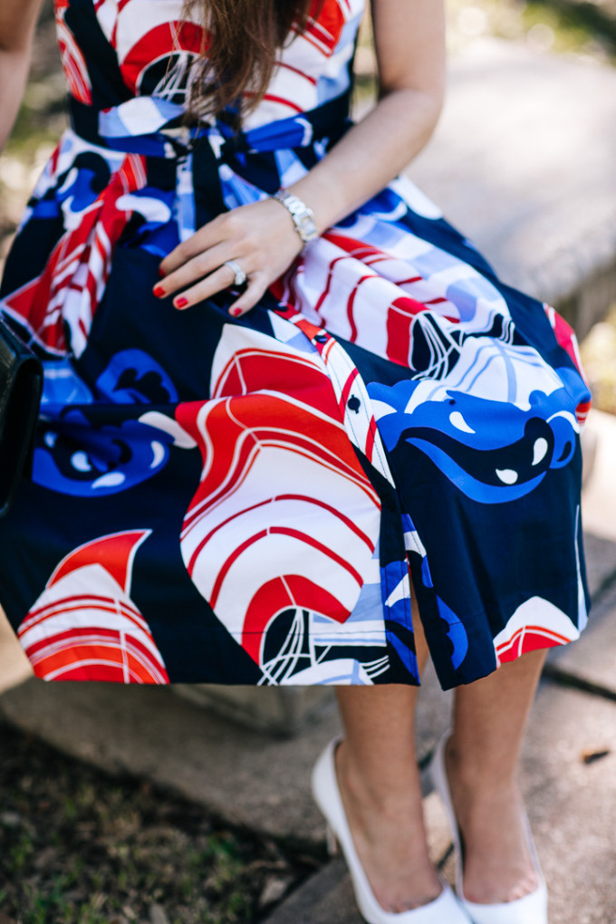 Amy Havins wears a sailboat-print shirtdress from Talbots.