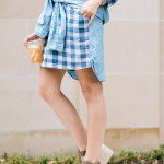 Amy Havins wears a buffalo print shirtdress.