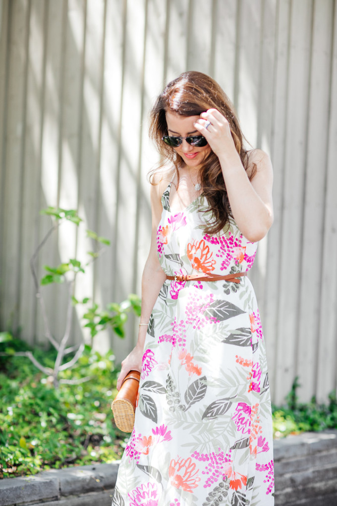 Amy Havins wears a floral maxi dress from old navy.