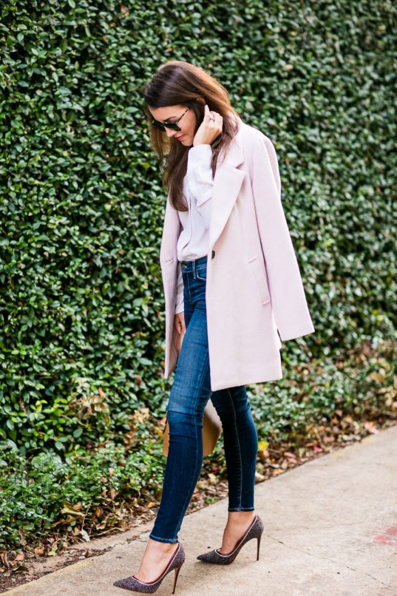 Amy Havins wears a blush coat from old navy with hudson jeans and pumps.