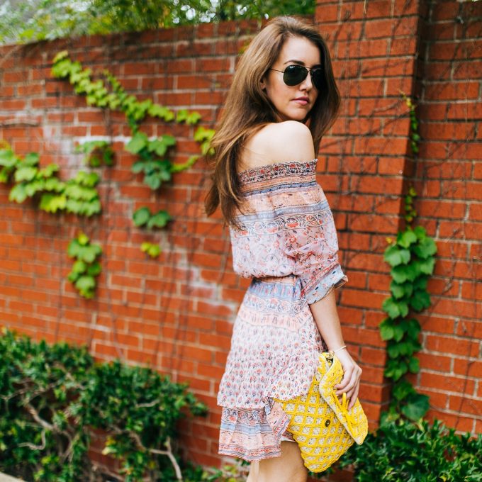 Amy Havins shares her favorite Shoshanna printed off the shoulder dress ...