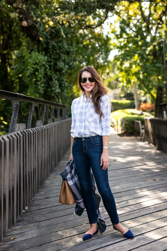 Amy Havins wears fall plaid from Old Navy.