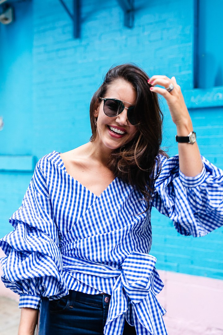 Blue and white gingham tops