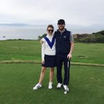 Amy havins wears Tory Sport golfing with her husband.
