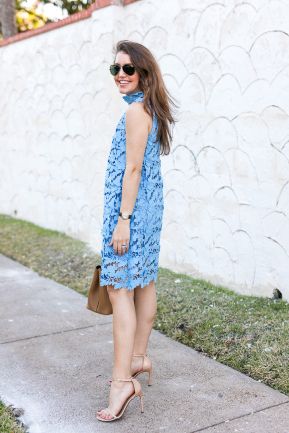 Amy Havins wears a baby blue lace dress with stuart weitzman nude heels.