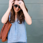 Amy Havins wears denim and a blouse from Stitch Fix.