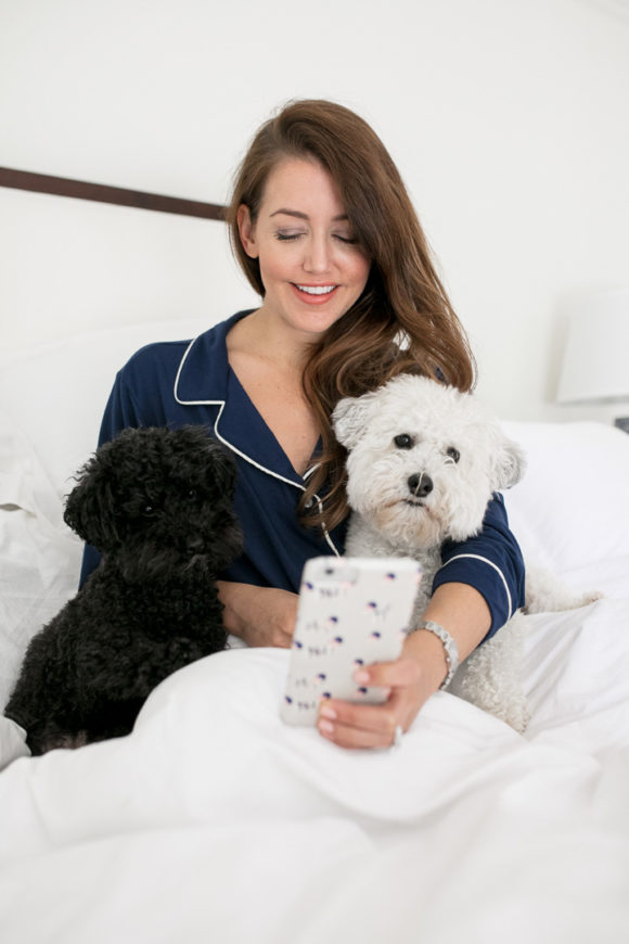 Amy havins wears navy pajamas.