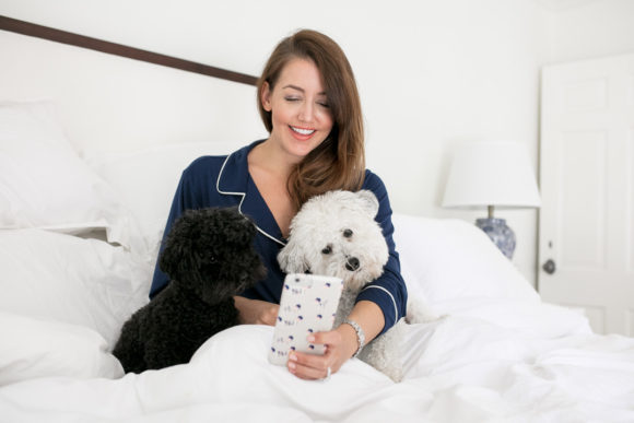 Amy havins wears navy pajamas.