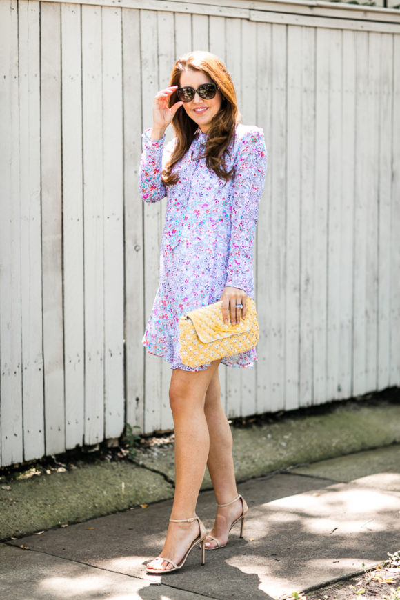 Amy Havins wears a Shoshanna floral print summer dress.