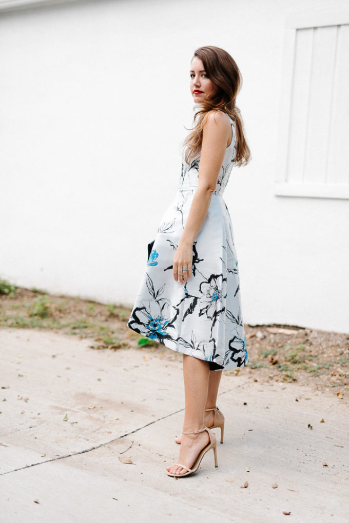 amy havins wears a shoshanna high low evening dress.