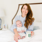 amy havins shares her morning routine with baby ralph and wearing a blue and white sleep shirt.