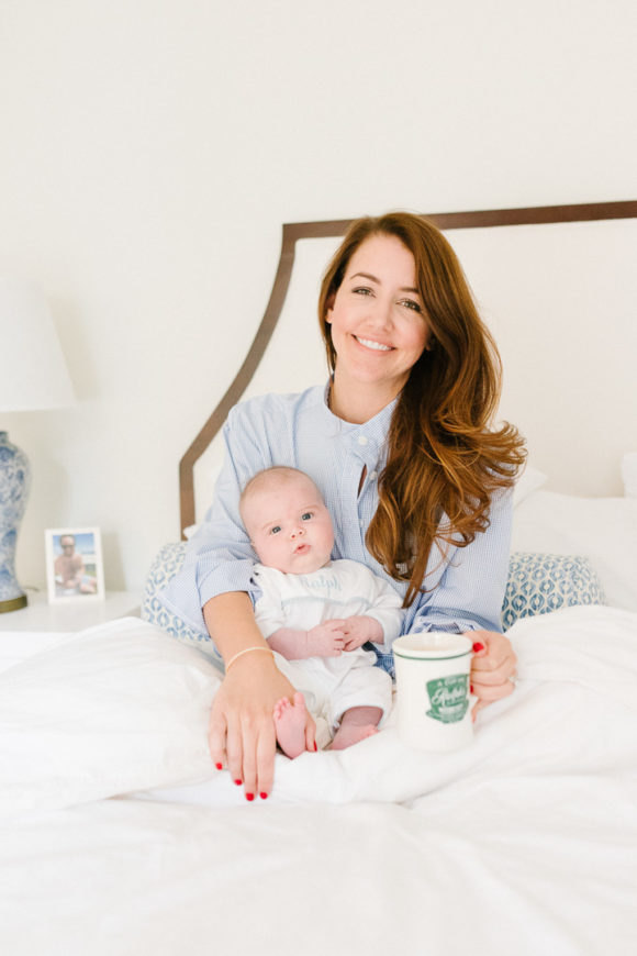 amy havins shares her morning routine with baby ralph and wearing a blue and white sleep shirt.