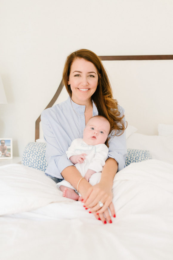 amy havins shares her morning routine with baby ralph and wearing a blue and white sleep shirt.