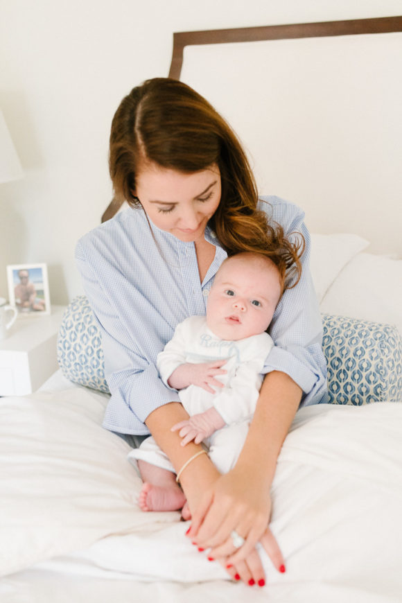 amy havins shares her morning routine with baby ralph and wearing a blue and white sleep shirt.
