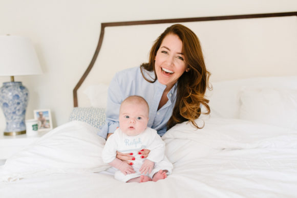 amy havins shares her morning routine with baby ralph and wearing a blue and white sleep shirt.