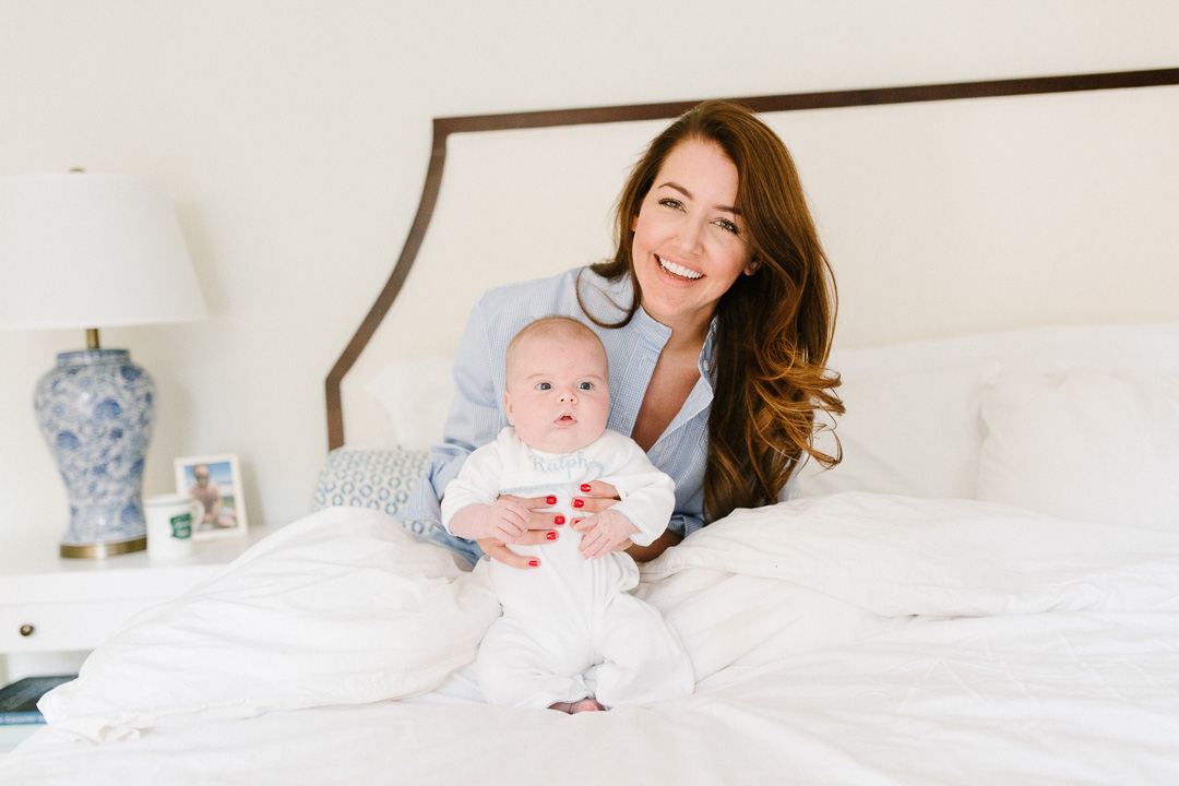 amy havins shares her morning routine with baby ralph and wearing a blue and white sleep shirt.