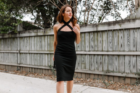 Amy Havins wears a jill jill stuart little black dress.