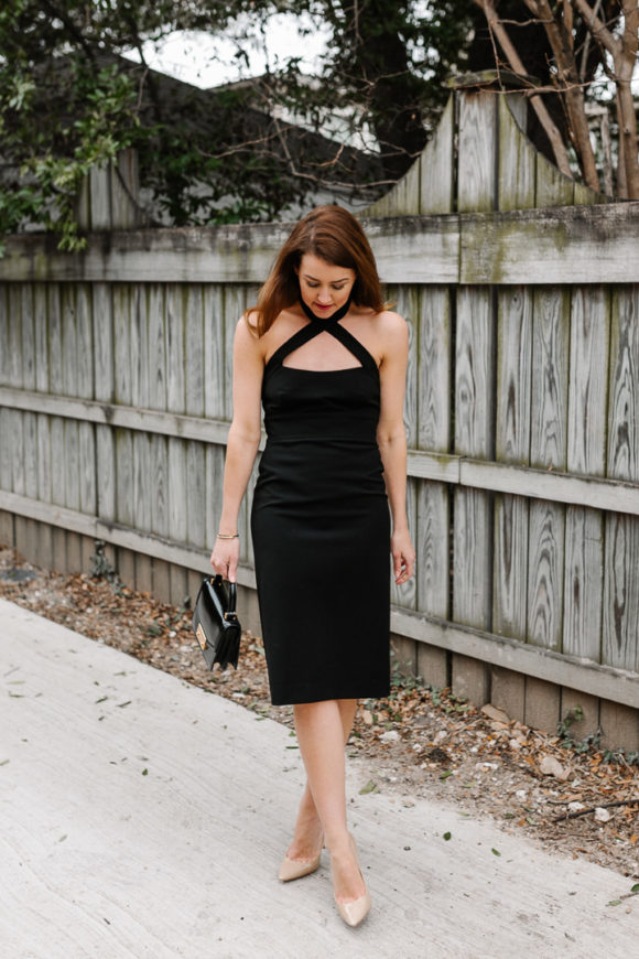 Amy Havins wears a jill jill stuart little black dress.