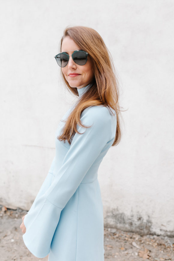 Amy Havins wears a powder blue shoshanna dress.