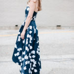 Amy havins wears a shoshanna high low dress.