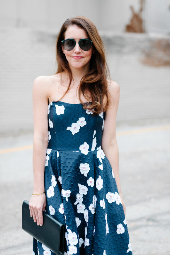 Amy havins wears a shoshanna high low dress.