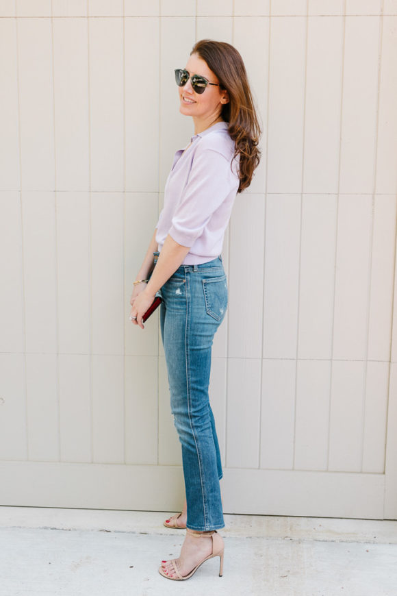 Amy Havins wears a purple tiki top and jeans.