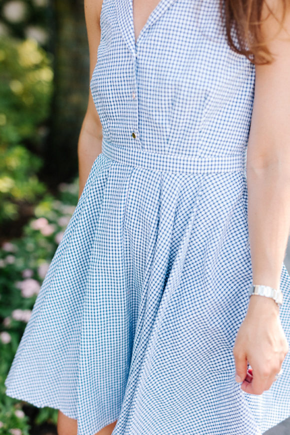 amy havins wears a blue and white ivanka trump dress.