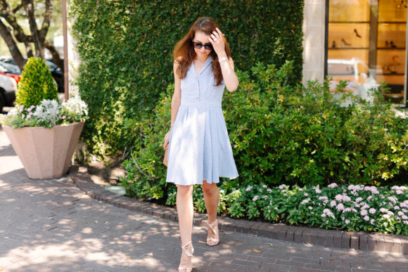 amy havins wears a blue and white ivanka trump dress.