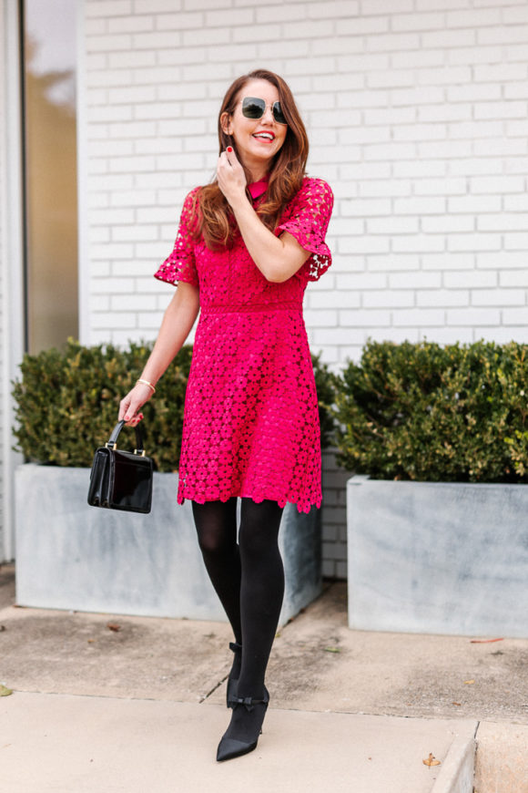 Amy havins wears a pink mini shoshanna dress.
