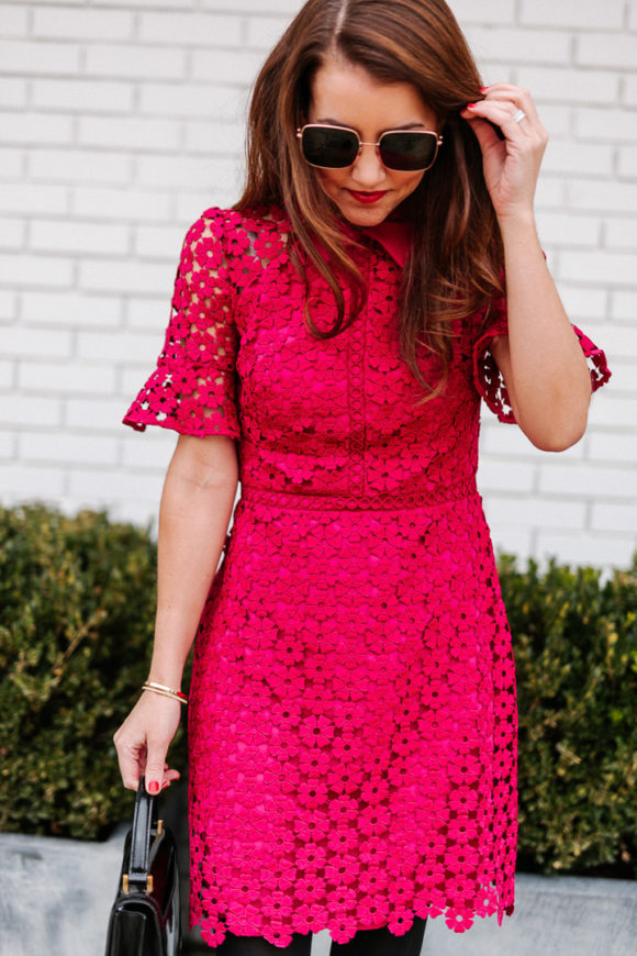 Amy havins wears a pink mini shoshanna dress.