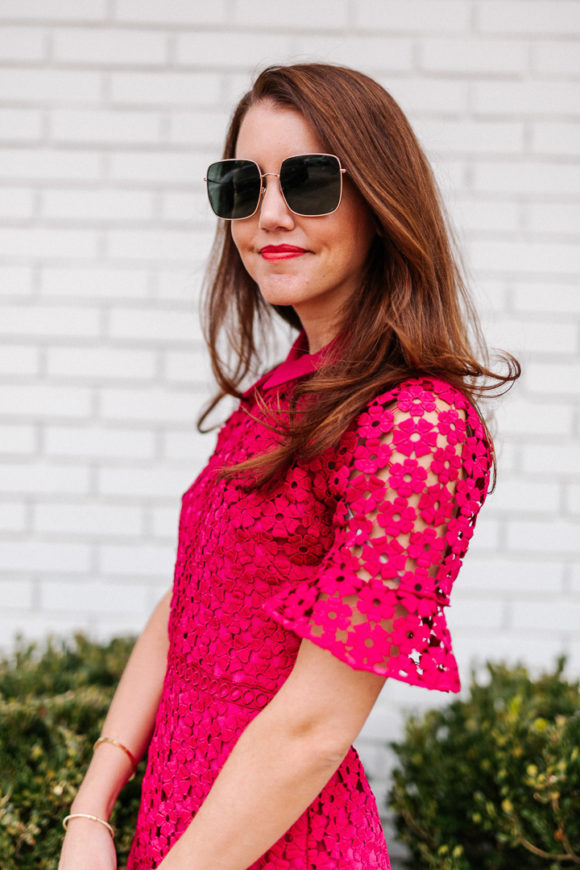 Amy havins wears a pink mini shoshanna dress.