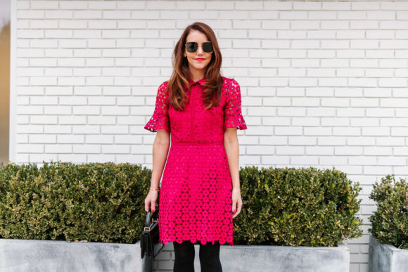 Amy havins wears a pink mini shoshanna dress.