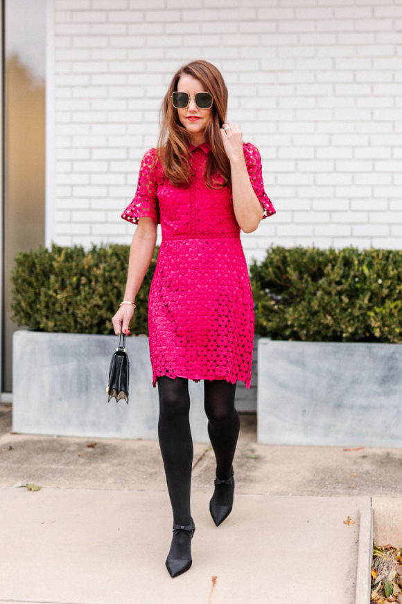 Amy havins wears a pink mini shoshanna dress.